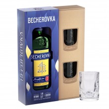 Becherovka Original Geschenkset mit Gläsern - Traditioneller Kräuterlikör aus Karlsbad, Tschechien, in stilvollem Geschenkkarton mit zwei passenden Gläsern.