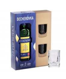 Becherovka Original Geschenkset mit Gläsern - Traditioneller Kräuterlikör aus Karlsbad, Tschechien, in stilvollem Geschenkkarton mit zwei passenden Gläsern.