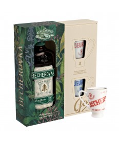 Becherovka Unfiltered 0,5 Liter Geschenkset mit zwei Tassen - Intensiver Kräuterlikör aus Tschechien, ungefiltert und vollmundig im Geschmack, präsentiert in einem stilvollen Geschenkkarton mit passenden Tassen.
